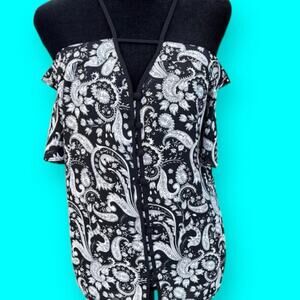 EXPRESS off shoulder top, black paisley top, women's size XS